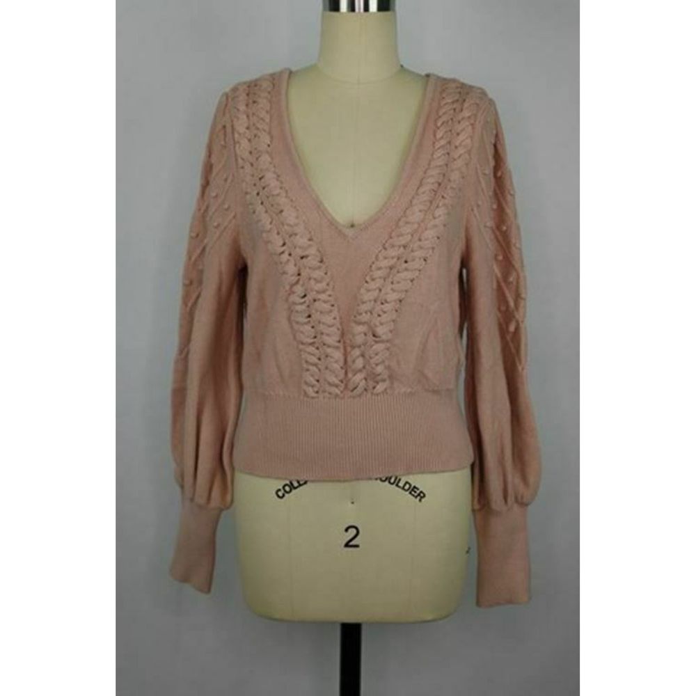 BCBG Crop Bishop Sleeve Sweater sz L in Bare Pink - Picture 2 of 9